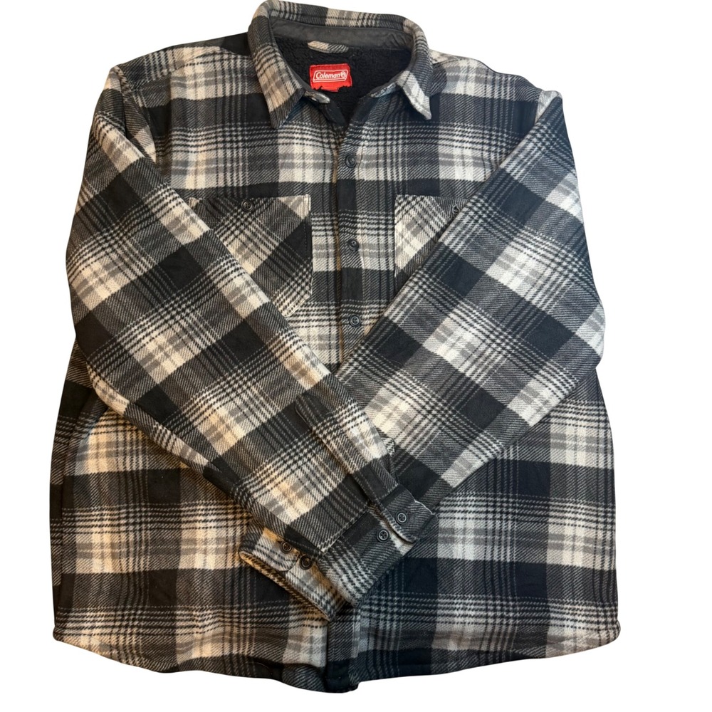 Coleman Mens XL Sherpa Lined Flannel Shirt Jacket Black Plaid Fleece Shacket